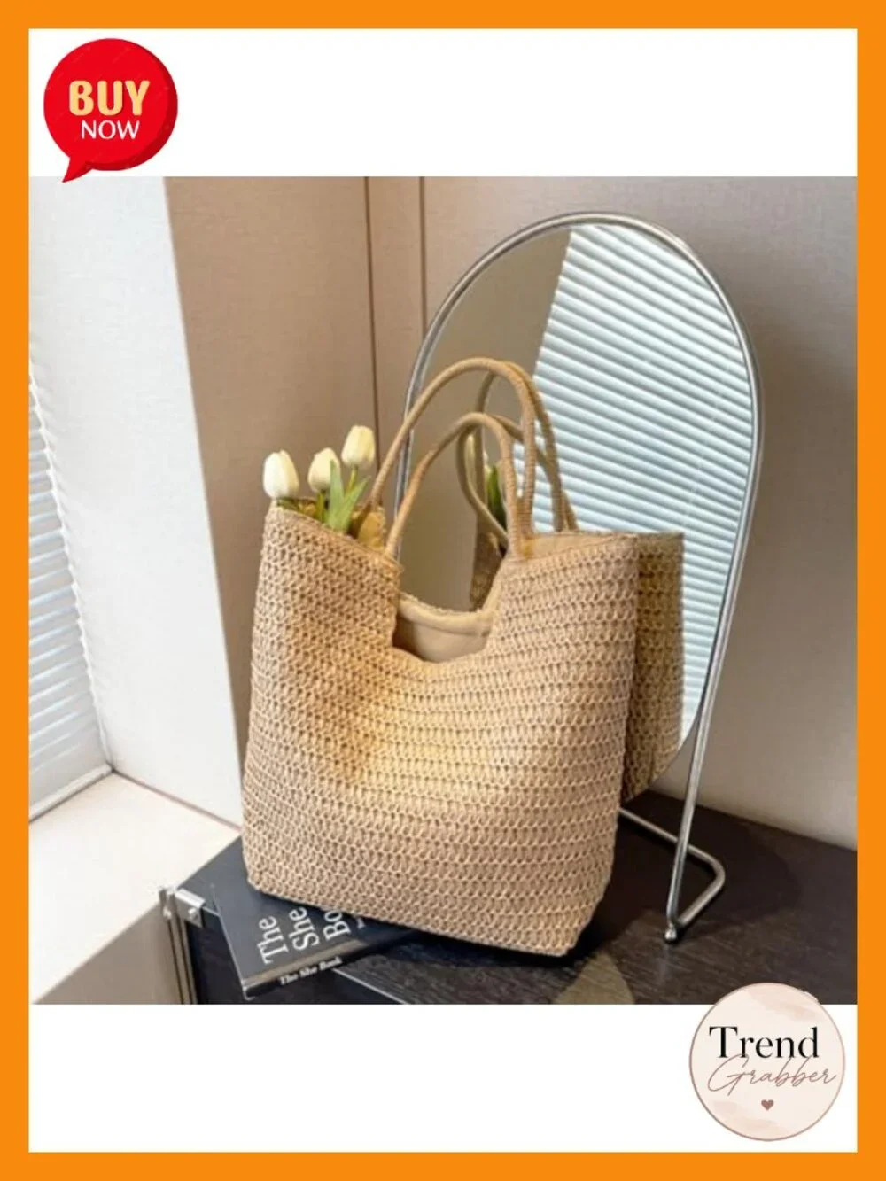 Woven Straw Tote Bag with Zipper Closure - Large Hobo Shoulder Bag for Travel